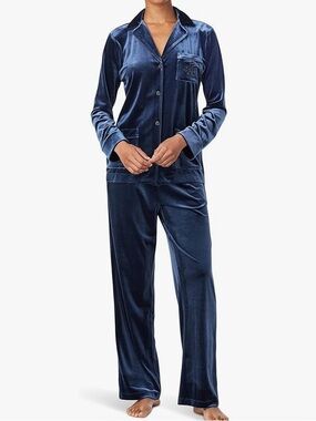Lauren Ralph Lauren Velvet Button-Down Pajama Set in Navy Logo Pocket L
